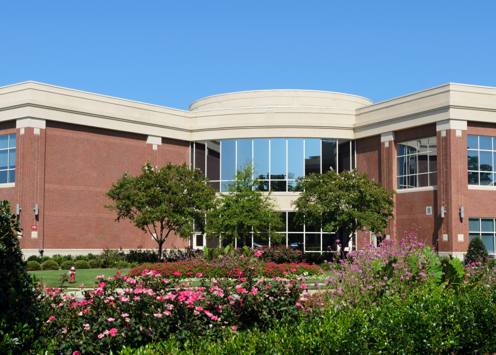 building with garden in front